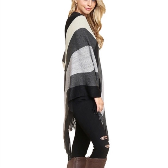 Sweaters - Black and Gray Striped Poncho